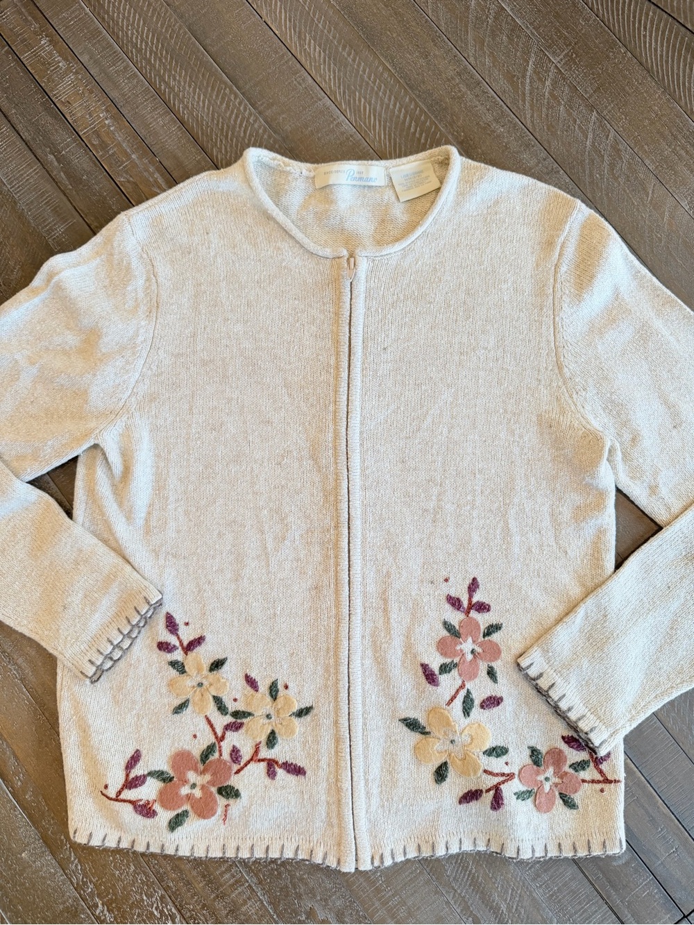 Vintage 90s Penmans Floral Embroidered Zip Cardigan Sweater M